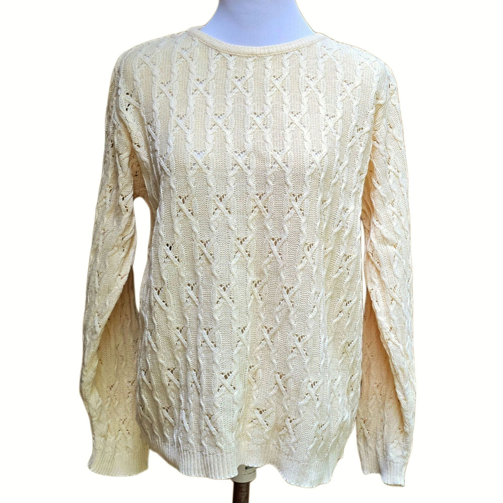Orvis Cable Knit Sweater Size S Cotton USA Renee Hauer Light Yellow Vintage VTG